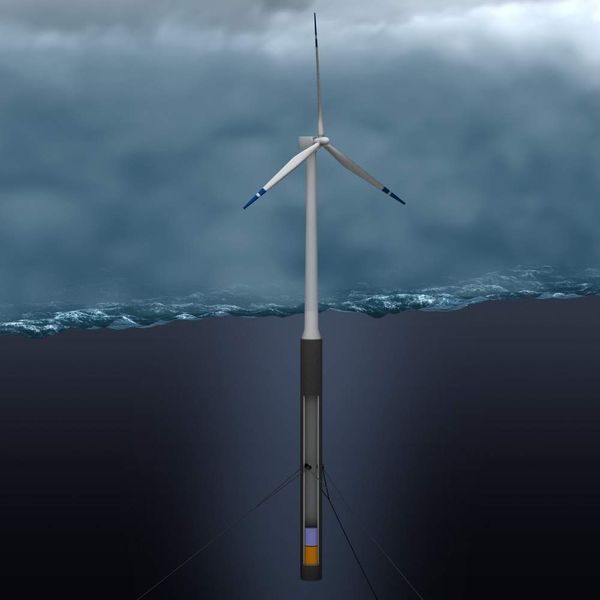 Prinzip Bohrinsel für Offshore-Windanlagen: Beim Hywind-Prototyp setzt StatoilHydro auf das „Spar-Buoy-Konzept“, einen unterseeischen Schwimmkörper aus Stahl und Beton mit Ballasttanks – eine Methode, die bei schwimmenden Bohrinseln eingesetzt wird. Der Schwimmer, ein 120 m langes Stahlrohr, zieht die ganze Konstruktion so tief ins Wasser, bis ihr Schwerpunkt weit unter der Oberfläche liegt. Dies verhindert, dass das Windrad bei Wellengang stark hin- und herschwankt. Dank der Ballasttanks lässt sich der Schwerpunkt exakt einstellen. Damit das Windrad nicht abtreibt, wird es mit drei flexiblen Stahltrossen an Ankern auf dem Meeresboden vertäut. StatoilHydro ist für den Unterwasser-Teil der Anlage zuständig, Siemens übernimmt die Lieferung von Mast und Turbine. Bild: Statoil Hydro (Archiv: Vogel Business Media)