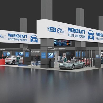 Der gemeinsame Stand des Kfz-Gewerbes bietet acht Garagen mit jeweils eigenen Themen.  (Bild: 2026 COX GmbH )