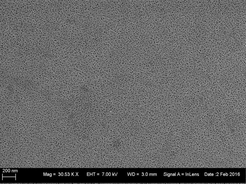 Kostengünstiger wäre es, Silizium als poröse Filme herzustellen. Die Aufnahme im Rasterelektronenmikroskop zeigt die mesoporöse Struktur. (Uni Kiel)