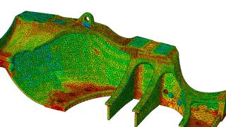 Berechnete Schwingfestigkeiten eines Lagerbocks für Lastkraftwagen auf Basis von Ergebnissen der Gießereisimulation (Schnittdarstellung). (Bild: Fraunhofer LBF)