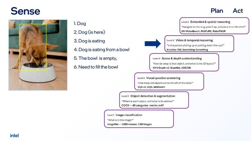 Sechs Stufen der visuellen Wahrnehmung (Sense): Für komplexe physische Interaktionen reicht eine simple Bildklassifikation (Level 1) nicht aus; autonome Roboter benötigen ein tiefes räumliches Verständnis und visuelle Handlungslogik (Level 6). (Bild: Intel)