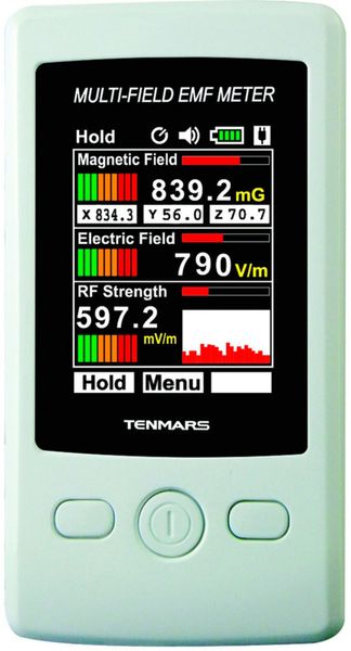 Das besonders einfach zu bedienende Messgerät TM-190 für HF-Strahlung: Es stellt die Stärke magnetischer Felder in µT, elektrischer Felder in V/m sowie elektromagnetischer Felder in µW/m2 bzw. mW/m2 gleichzeitig auf dem 2,4