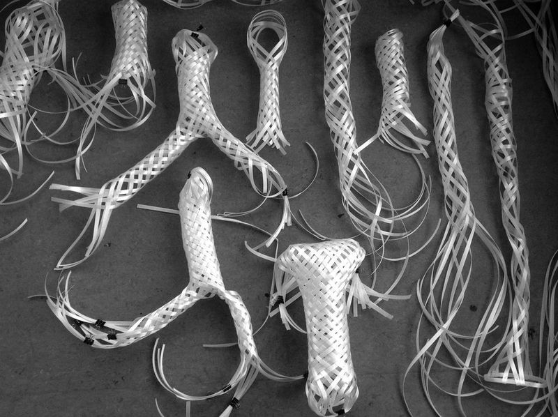 Verschiedene geflochtene Formen, auf denen die Pflanzen wachsen können. Die intelligenten Pflanzen sollen künftig dabei helfen, nachhaltige Städte und Lebenswelten aufzubauen, von “lebendigen Mauern” über Möbel bis hin zu ganzen Häusern. (Projekt flora robotica)