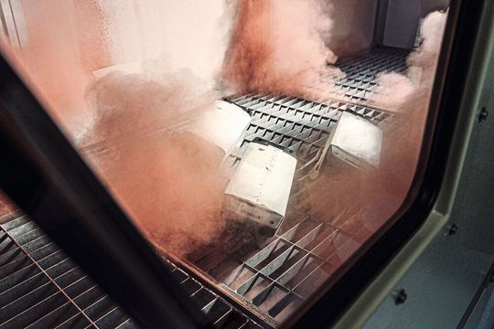 Im Staubtest wird über einen Zeitraum von fünf Stunden die langfristige Funktionsfähigkeit von Airbag-Modulen überprüft – zum Vergrößern bitte klicken.(Bild:  Yanfeng)