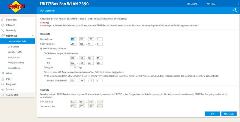 Die IP-Adressen von Fritz!Boxen lassen sich in der Weboberfläche anpassen, das gilt auch für den IP-Bereich. (Joos / AVM)