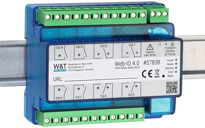 Das Web-IO 230V Relais 4xNO, 4xCO verfügt über acht Kanäle, von denen vier als Wechsler und vier als Schließer ausgeführt sind. Jeder dieser Kanäle unterstützt Lastströme bis 6 A. (Wiesemann & Theis )