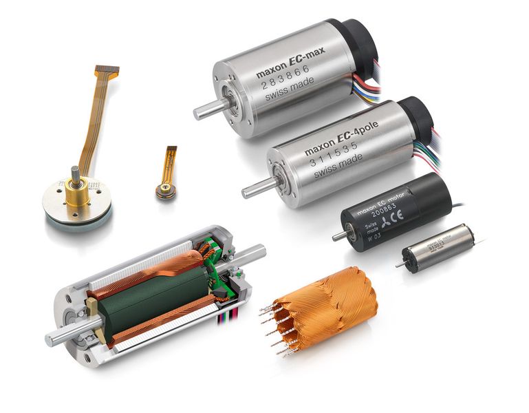 Maxon Motor entwickelt, fertigt und vermarktet Gleichstrommotoren mit Drehspule im Bereich < 750 W (FHP) und bürstenlose Motoren im Grössenbereich zwischen 6 und 90 mm mit einer Leistung von 0,3 bis 500 W sowie verschiedenes Zubehör wie Steuerungen, Encoder und Getriebe. (Bild: Maxon Motor)