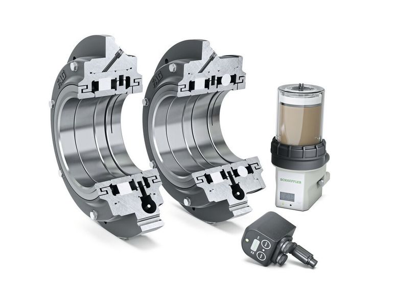 Schaeffler bietet seine FAG-Flanschlager-Gehäuseeinheiten FERS (links) und FERB (rechts) nun mit Service-Paket für Elektromotoren: Condition-Monitoring-System, Smart Check und Schmierstoffgeber Concept 2. (Schaeffler)