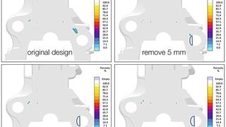 Im nächsten Schritt passten die Anwender die Geometrie des Gussteils an. Zunächst entfernten sie einen Teil des Kerns. Entfernen sie ein mind. 10 mm breites Kreissegment, entsteht keine Porosität im kritischen Bereich. (Bild: Magma)