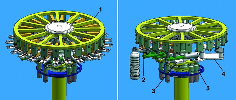 Mehrere Baugruppen: Der Rückziehstern von Krones besteht aus mehreren Baugruppen: Sternoberteil (1), verschiebbare Klammerträger (2), Entkopplungseinheit (3), Übergabe (4) und Basis (5).  Bilder: Krones (Archiv: Vogel Business Media)