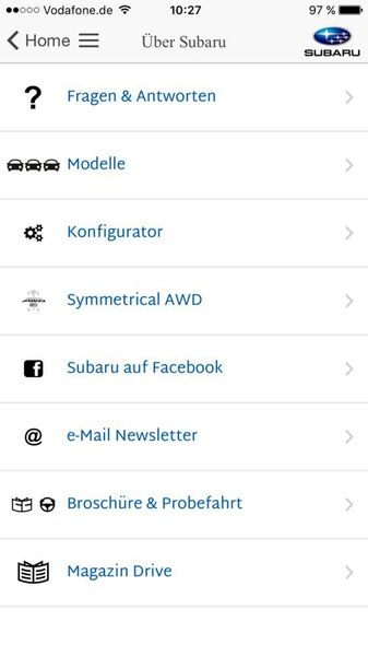 Weitere Details finden sich im Menü-Punkt „Über Subaru“. (Screenshot Subaru Service-App)