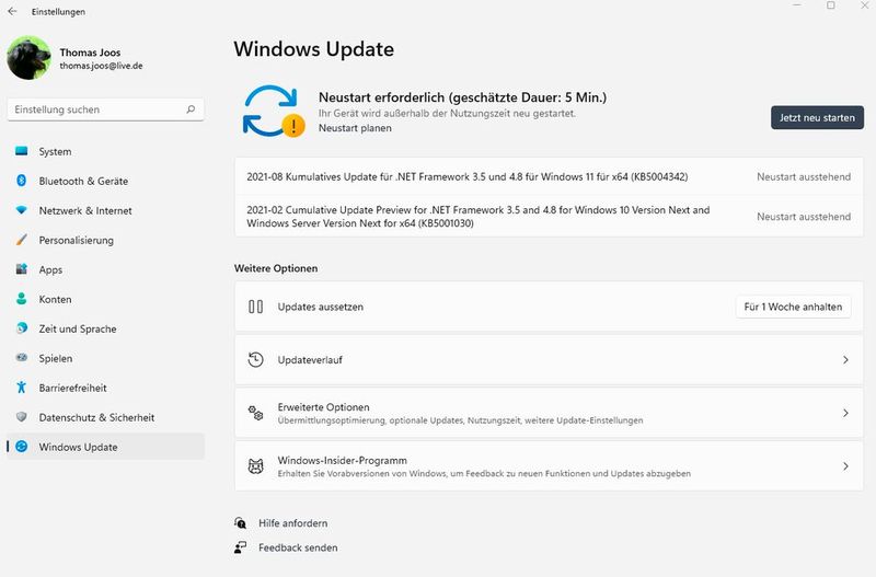 Notwendiger Neustart nach der Aktualisierung von Windows 11. (Bild: Joos / Microsoft)