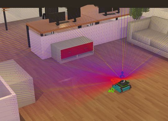 Simulation eines kleinen Roboters mit Lidar in einer Büroumgebung. Simulation eines kleinen Roboters mit Lidar in einer Büroumgebung.