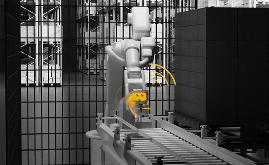 Vom drehbaren Greifer zur Empfangseinheit im Schaltschrank: Funk-Induktivsensor an einem Industrieroboter.(Bild:  Steute Controltec)