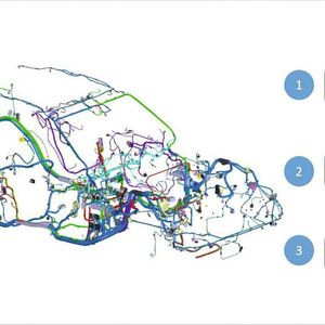 E³.WiringSystemLab bietet Optimierungsmöglichkeiten für importierte Kabelbaumdesigns: Hinzufügen/Löschen von Bündeln und Leitungsverläufen (1), Ändern der Position von Komponenten, Spleißen und Massekontakten (2), Ändern der Aufteilung von Kabelbäumen (3).