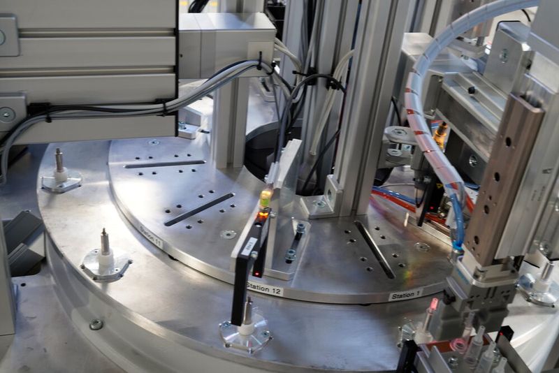 In einer Rundtaktmontageanlage entsteht ein spezieller Verschluss aus drei Teilen: einer Kanüle, einem Gewindering und einer Verschlusskappe. Der Transport der Kanülen erfolgt mithilfe des Item-Gurtförderers. (Bild: Item)