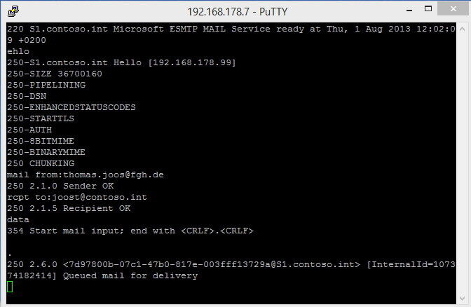 Abbildung 4: Mit PuTTY lassen sich auch Exchange-Server verwalten und SMTP-Fehler beheben sowie E-Mails senden. (Bild: Joos)