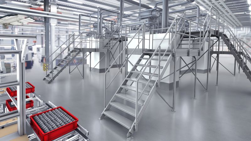 Operating equipment, fixtures and fittings that can be easily adapted give high-tech manufacturing companies a decisive competitive advantage. The modular building kit principle from item Industrietechnik makes it much easier to design and build solutions such as stairways and platforms.(Source:  item)