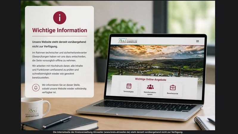 Neben der Webseite musste der Kreis Ahrweiler auch weitere Dienste abschalten, etliche Online-Leistungen werden aber über eine Interimswebseite bereitgestellt.(Bild:  Screenshot / www.kreis-ahrweiler.de)