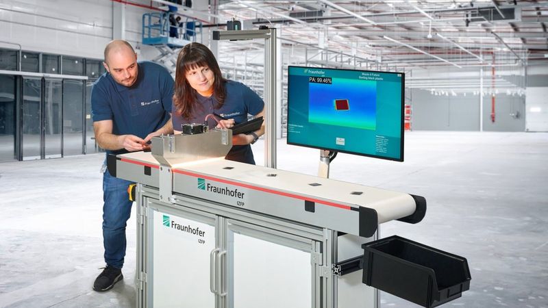 Schwarze Kunststoffe effizient sortiert: Forscher am Fraunhofer IZFP haben einen KI-gestützten Thermographie-Sortierdemonstrator entwickelt.(Bild:  Fraunhofer IZFP / Uwe Bellhäuser)