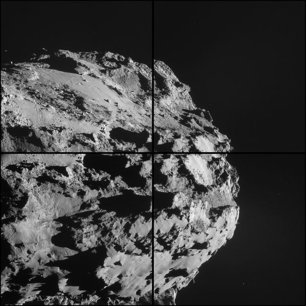 Montage aus vier Einzelaufnahmen, die die Navigationskamera an Bord der Raumsonde Rosetta am 8. Oktober 2014 vom Kometen 67P/Churyumov-Gerasimenko gemacht hat. Sie entstanden aus etwa 16,9 km Entfernung zum Zentrum des Kometen. (Bild: ESA)