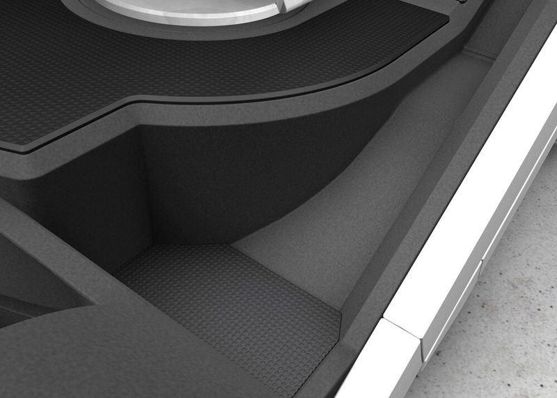 Weter heißt es: Der Innenraum ist robust und gebrauchsorientiert gestaltet. So bietet er neben der leicht zu reinigenden Oberfläche Ablageflächen für Werkzeuge und diverse Arbeits- und Schutzutensilien. Zur besseren Haftung auf dem faserverstärkten Kunststoffteil ist eine Ausstattung gekennzeichneter Flächen mit gummierten Fußmatten vorgesehen. (Bild: HFG)