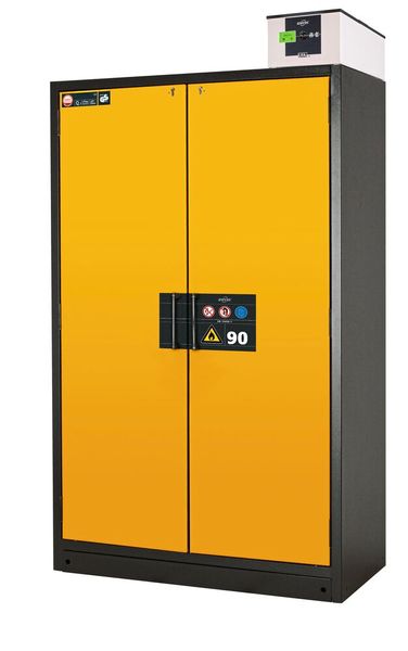 Anwendungsfoto: Der steckerfertige UFA auf einem Sicherheitsschrank zur Lagerung entzündbarer Gefahrstoffe (Bild: asecos)