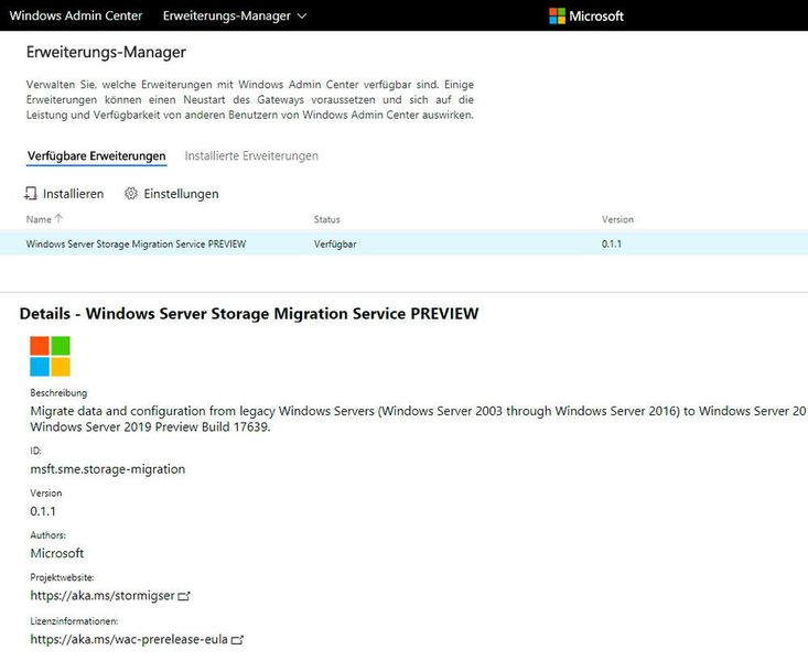 Auch Erweiterungen unterstützt das Windows Admin Center, um neue Funktionen besser verwalten zu können. (Joos / Microsoft)