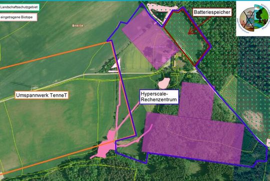 Die Bürgerinitiative zeigt das Ausmaß des Vorhabens für den Abbachhof auf. Auf dem Areal soll ein Rechenzentrumscampus inklusive Batteriespeicher entstehen.(Bild:  Bürgerinitiative gegen Big Data und Big Energy am Abbachhof)