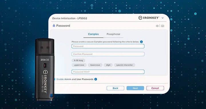 Der Kingston IronKey Locker+ 50 G2 unterstützt bei den Administrator- und Benutzerpasswörtern sowohl einen Komplex- als auch im Passphrasen-Modus.  (Bild: Kingston)