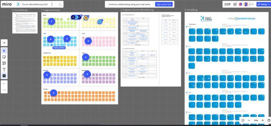 Auf dem Miro Board sammelten Teilnehmer ihre Fragen und konnten sich über den Ablauf des Forums Akkreditierung informieren sowie Kontaktdaten austauschen.(Bild:  Klinkner & Partner)