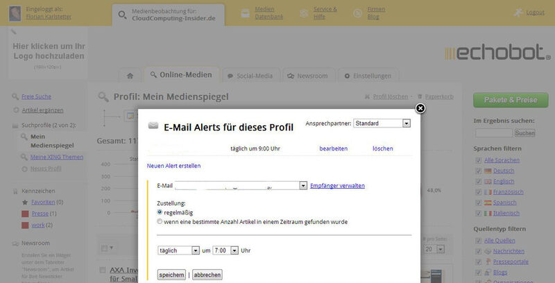On Demand lassen sich mit Echobot auch E-Mail Alerts erstellen. Dies ist beispielsweise hilfreich, um so genannten Shitstorms vorzubeugen, also einer ungewöhnlichen Häufung von Äußerungen über ein Produkt, einer Marke oder eines Unternehmens im Web. (Bild: screenshot echobot.de)
