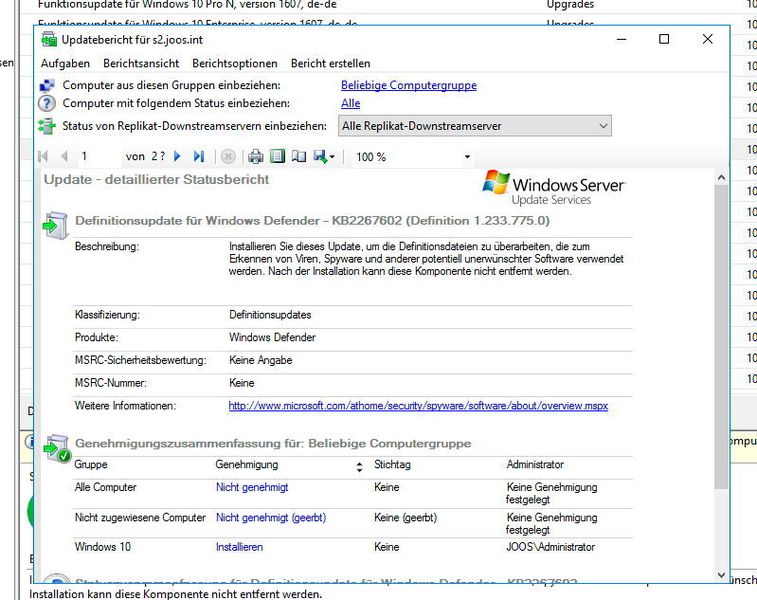 Über WSUS lassen sich auch die Definitionsupdates für Windows Defender verteilen. Diese werden auf Arbeitsstationen und Servern verwendet. Sinnvoll ist das für den Zeitraum, bis auf den Servern eine andere Antivirenlösung installiert wird. Hier ist es wichtig festzulegen, dass Windows Defender-Updates für Windows 10 und Windows Server 2016 freigegeben werden. (Joos / Microsoft)