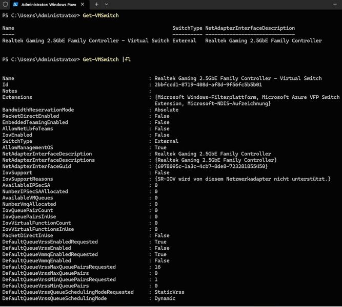 Anzeigen von Informationen für VM-Switches in Hyper-V. (Bild: Joos | Microsoft)