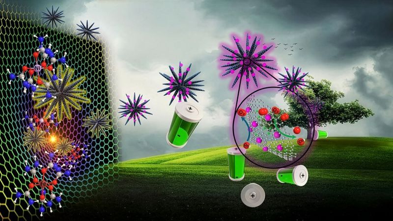 Aufbau eines bifunktionellen Katalysatorverbunds (Mitte). Er besteht aus nanoskaligen Nickel-Ferrit-Partikeln, die an der Oberfläche mit Kohlenstoff-Nanohörnern verankert sind. Zusammen ergeben sie mit dem Elektrolyten und einer Kohlenstoffananode die wiederaufladbare Zink-Luft-Batterie.(Bild:  TU Darmstadt)