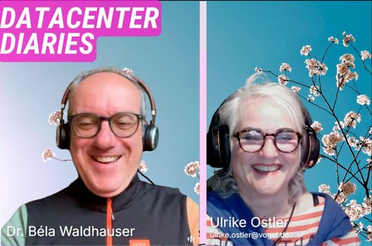 Dr. Béla Waldhauser und Ulrike Ostler, Chefredakteurin DataCenter-Insider, haben sich am 11. Mai im virtuellen Studio für die 66. Folge der DataCenter Diaries getroffen. (Bild:  Vogel IT-Medien GmbH)