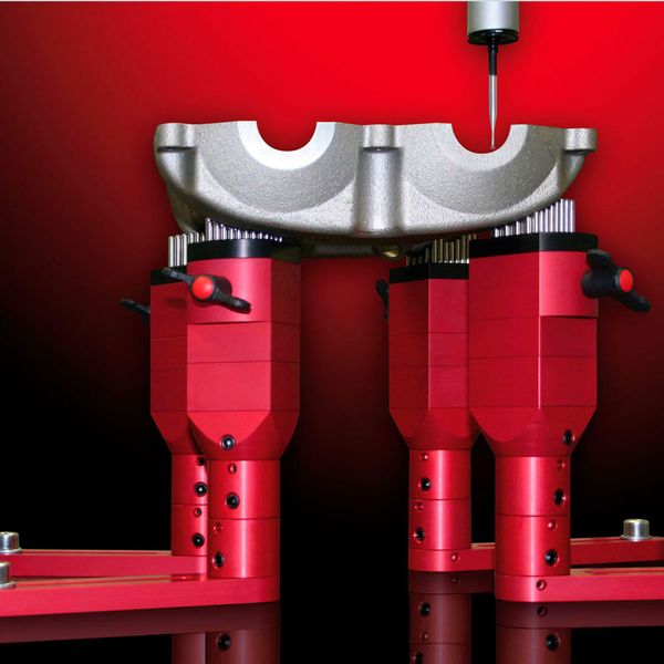 Germany-based Christian Bewer's Pintec, a modular clamping system, is said to fix difficult-shaped workpieces in the metrology room quickly and easily. (Christian Brewer)