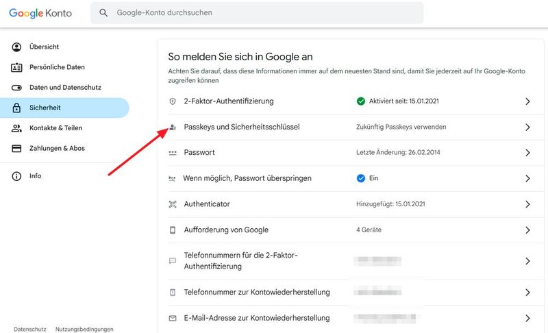 Die Sicherheitsseite des Google-Kontos zeigt den Menüpunkt 