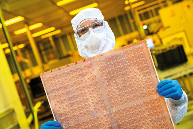 Ein Intel-Ingenieur mit einem Test-Panel für die Glas-Core-Substrate, die der Chip-Hersteller derzeit entwickelt. (Bild: Intel)