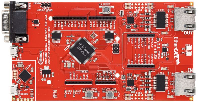 Bild 3: Das Entwickler-Kit XMC4300 Relax EtherCAT hat ESD- und Gegenstromschutz, einen On-board Debugger, Standard-EtherCAT Anschluss, optionale PHY-to-PHY-Verbindung und ist kompatibel mit der Arduino-Plattform.