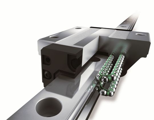 (Die THK-Linearführung SHS: Die integrierte Kugelkette hält die Wälzkörper in einem konstanten Abstand. Bildquelle: Indunorm Bewegungstechnik GmbH)