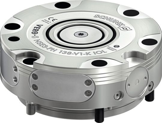 Beim Nullpunktspannmodul «Vero-S NSE3-PH 138 IOL» mit integrierter Elektronik können alle Spannzustände einfach abgefragt werden – gleichzeitig bietet es die vergleichbare Leistung wie pneumatische Module bei identischem Einbauraum.(Bild:  Schunk SE & Co. KG)