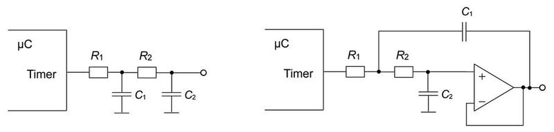 Bild 1: Tiefpassfilter 2. Ordnung zur Glättung einer mittels Timer erzeugten PWM, links passiv, rechts aktiv.(Bild:  Hochschule Mannheim)