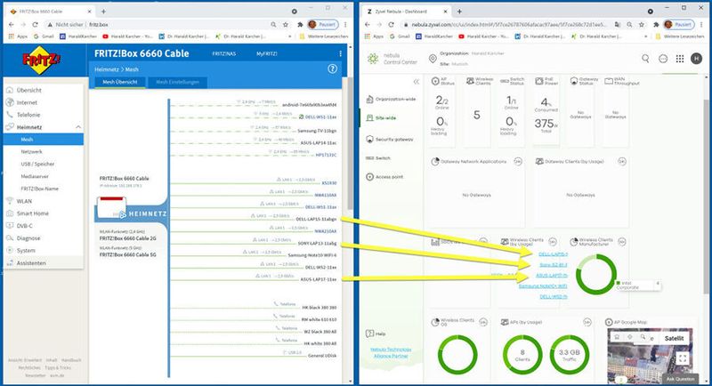 Simultaner Blick auf drei identische Laptops: Dell, Sony, Asus: Links in der lokalen Bedienoberfläche der Fritzbox 6660 Cable, rechts im Zyxel Remote Netzwerk Management in der Amazon Cloud. Vor allem bei mittleren und großen Installationen kann die Cloud viele Vorteile ausspielen. Fürs eigene Heim reicht aber meistens eine Fritzbox. (HARALD KARCHER)