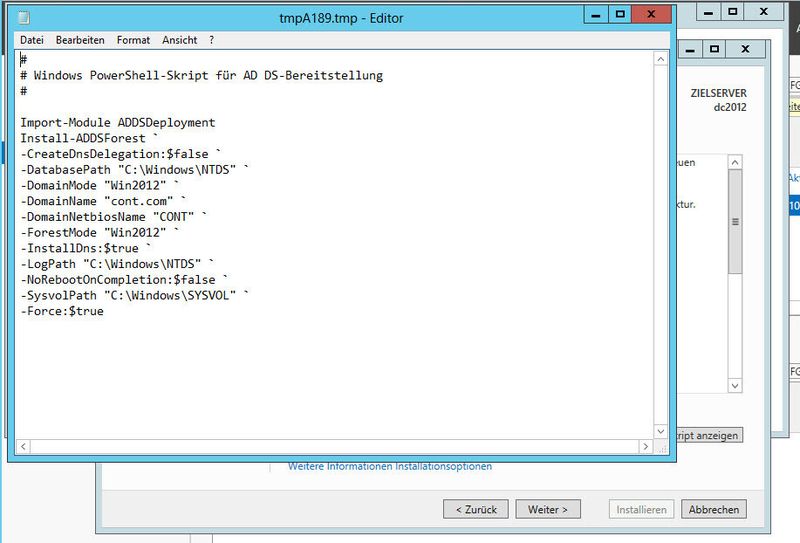 Die nächsten Fenster müssen Sie nur bestätigen. Auf der Seite Optionen prüfen können Sie mit Skript anzeigen die Befehle anzeigen lassen, um den gleichen Vorgang in der PowerShell 3.0 durchführen zu können. Bestätigen Sie die restlichen Fenster und klicken Sie dann auf Installieren. Ignorieren Sie die Warnungen. Nach der Installation steht der Domänencontroller zur Verfügung. (Archiv: Vogel Business Media)