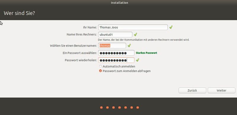 Bei der Installation wird auch ein neues Benutzerkonto festgelegt und der Name des Rechners im Netzwerk. (Joos / Ubuntu)
