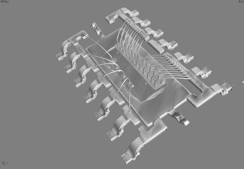 3D-Volumemodell aus der CT-Analyse eines eingebetteten IC-Leadframes mit Bondverbindungen zum Si-Chip. CT-Analyse der Faserorientierung. (Fraunhofer ISIT)