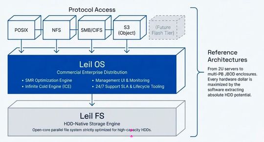 Der Stack von Leil – übers Open-Source-Filesystem, das Management mit Leil OS bis hin zu den einzelnen Storage-Protokollen.(Bild:  Leil)