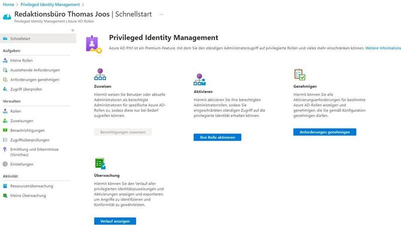In den Einstellungen von Azure AD Privileged Identity Management stehen zentral alle Funktionen zur Verfügung. (Joos)