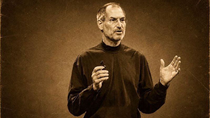 Steve Jobs prägte Apple über Jahrzehnte hinweg – zunächst als Mitgründer, später als zurückgekehrter CEO und treibende Kraft hinter Produkten wie iMac, iPod und iPhone. Das Bild zeigt Jobs in seiner typischen Präsentationsrolle im charakteristischen schwarzen Rollkragenpullover.(Bild:  Dall-E / KI-generiert)